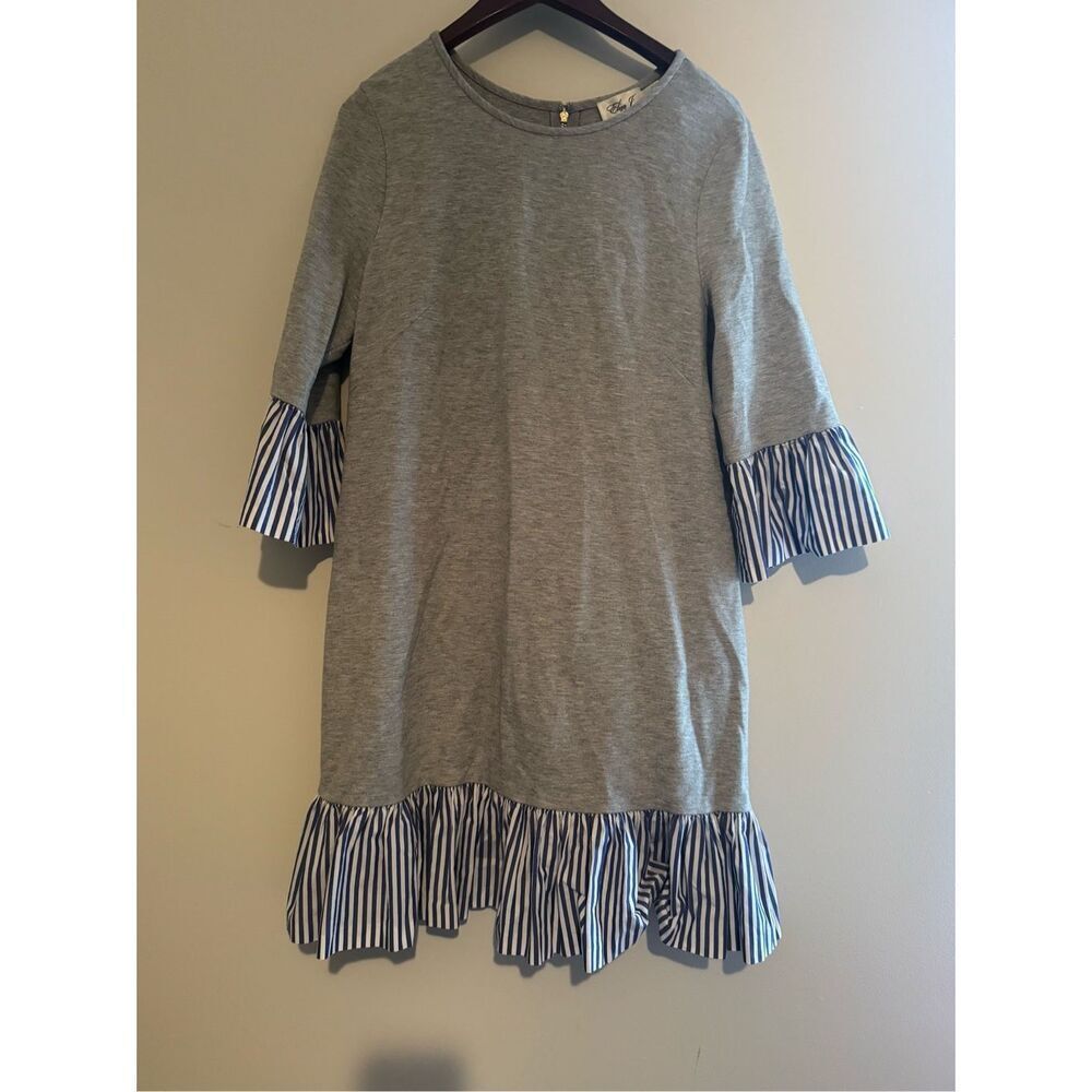 Eliza J Gray Midi Dress with Blue & White Striped Ruffle Details